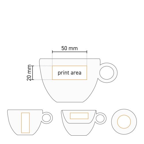 Technische Arbeitszeichnung der Rondo Cappuccino Tasse 20 cl. mit angedeutetem Druckbereich auf der Oberfläche. Technische Arbeitszeichnung der Rondo Cappuccino Tasse 20 cl. mit angedeutetem Druckbereich auf der Oberfläche.