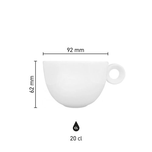 Infografik mit den Produktabmessungen von Rondo Cappuccino Tasse 20 cl Porzellan, einschließlich Höhe und Durchmesser. Infografik mit den Produktabmessungen von Rondo Cappuccino Tasse 20 cl Porzellan, einschließlich Höhe und Durchmesser.