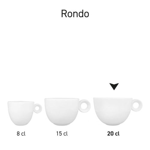 Serie Rondo Cappuccinotassen aus Porzellan, angeordnet in einer Übersichtsansicht. Serie Rondo Cappuccinotassen aus Porzellan, angeordnet in einer Übersichtsansicht.