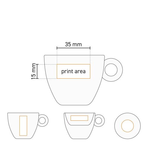 Technische Arbeitszeichnung von Rondo Espresso 8 cl. Porzellan mit markiertem Druckbereich auf der Oberfläche.