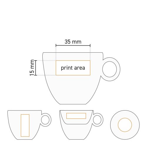 Technische Arbeitszeichnung der Rondo Espressotasse 8 cl. Porzellan mit deutlich markierter Druckfläche.