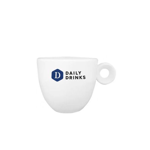 Porzellan Espressotasse Rondo 8 cl, Vorderansicht mit mehrfarbigem DailyDrinks-Logo in 2-4 Farbtönen.
