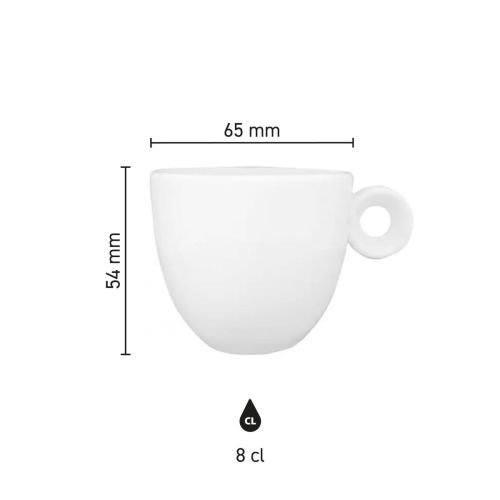 Infografik mit den Produktabmessungen von Rondo Espressotasse 8 cl Porzellan, einschließlich Höhe und Durchmesser.