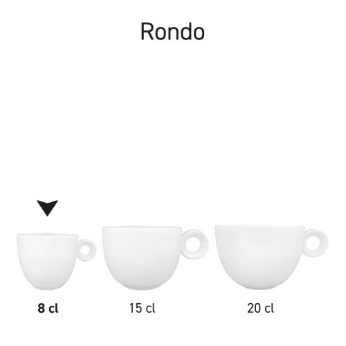 Serie von Rondo-Porzellantassen mit unterschiedlichem Fassungsvermögen nebeneinander dargestellt.
