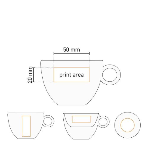Technische Arbeitszeichnung mit deutlich gekennzeichnetem Druckbereich des Rondo Coffee 15 cl. SET Porzellan deutlich gekennzeichnet.
