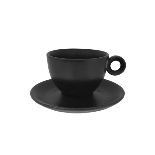 Mattschwarze Rondo Kaffee 15 cl. SET abgebildet zusammen mit Untertasse in Vorderansicht.