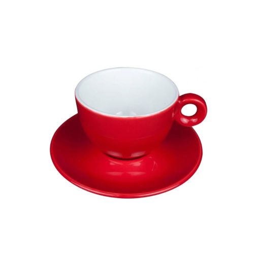 Rot-weiße Rondo Kaffee 15 cl. SET abgebildet zusammen mit Untertasse in Vorderansicht.