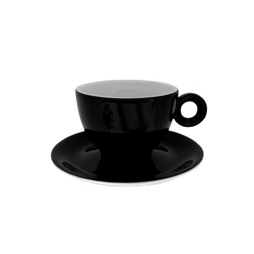 Schwarz-weiße Rondo Kaffee 15 cl. SET abgebildet zusammen mit Untertasse in Vorderansicht.
