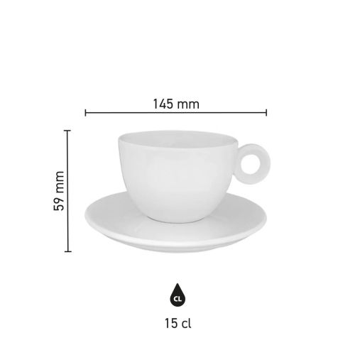Infografik mit den Produktabmessungen von Rondo Coffee 15 cl Porzellanset, einschließlich Höhe und Durchmesser.
