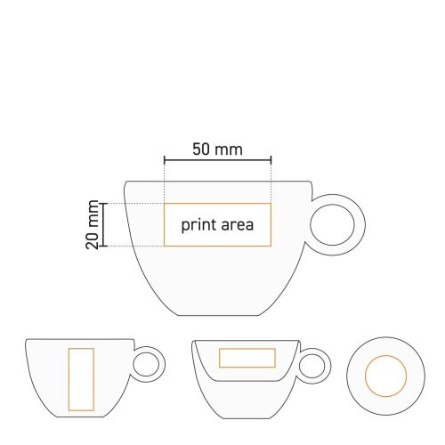 Technische Arbeitszeichnung der Rondo Kaffeetasse 15 cl. mit Markierung der Druckfläche auf der Wand. Technische Arbeitszeichnung der Rondo Kaffeetasse 15 cl. mit Markierung der Druckfläche auf der Wand.