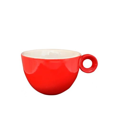 Vorderansicht der Rondo Kaffeetasse 15 cl. aus rotem und weißem Porzellan mit runder Form und klassischem Henkel. Vorderansicht der Rondo Kaffeetasse 15 cl. aus rotem und weißem Porzellan mit runder Form und klassischem Henkel.