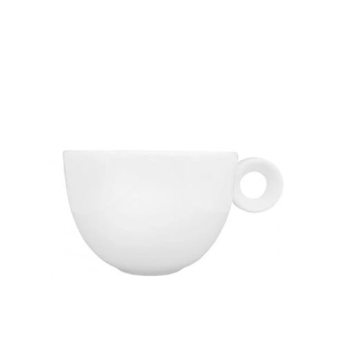 Vorderansicht der Rondo Kaffeetasse 15 cl. aus weißem Porzellan 15 cl. mit runder Form und klassischem Henkel. Vorderansicht der Rondo Kaffeetasse 15 cl. aus weißem Porzellan 15 cl. mit runder Form und klassischem Henkel.