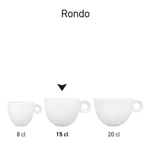 Serie von Rondo Kaffeetassen aus Porzellan, nebeneinander abgebildet, mit unterschiedlichem Inhalt. Serie von Rondo Kaffeetassen aus Porzellan, nebeneinander abgebildet, mit unterschiedlichem Inhalt.