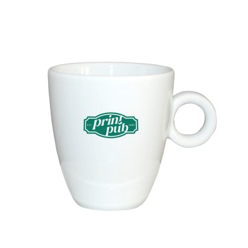Porzellanbecher Rondo 19 cl. mit einfarbigem PrintPub-Logo auf der Vorderseite.