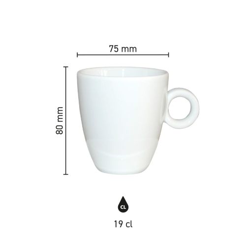 Infografik mit den Abmessungen des Porzellanbechers Rondo 19 cl. einschließlich Höhe und Durchmesser.
