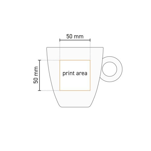 Technische Arbeitszeichnung der Rondo Tasse 25 cl. Porzellan mit markiertem Druckbereich auf der Vorderseite. Technische Arbeitszeichnung der Rondo Tasse 25 cl. Porzellan mit markiertem Druckbereich auf der Vorderseite.