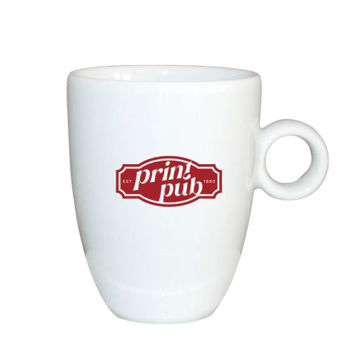 Rondo Tasse 19 cl. mit rotem PrintPub-Logo auf der Vorderseite, mittig unterhalb des Randes. Rondo Tasse 19 cl. mit rotem PrintPub-Logo auf der Vorderseite, mittig unterhalb des Randes.