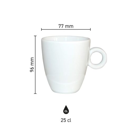 Infografik mit den Maßen der Rondo-Tasse 25 cl Porzellan, einschließlich Höhe und Durchmesser. Infografik mit den Maßen der Rondo-Tasse 25 cl Porzellan, einschließlich Höhe und Durchmesser.