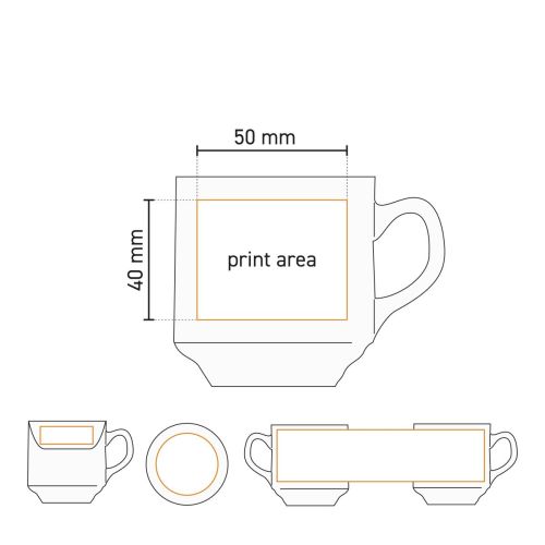 Technische Arbeitszeichnung mit Angabe der Druckfläche auf der Sara Kaffeetasse weiß 14 cl.