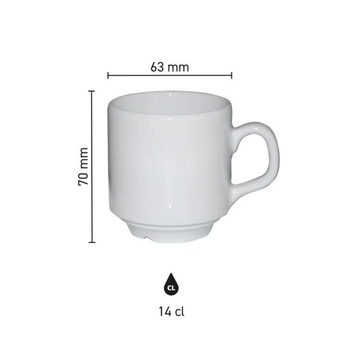 Die Infografik zeigt Höhe, Durchmesser und Fassungsvermögen der Sara Kaffeetasse weiß 14 cl.