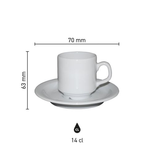 Infografik mit Produktabmessungen von Sara Kaffee weiß 14 cl. Set Porzellantasse und Untertasse.