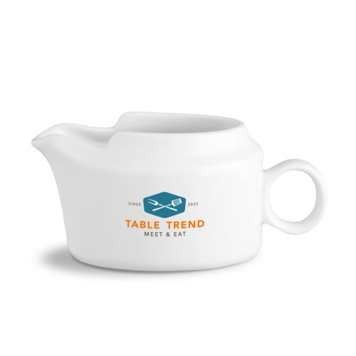 Sauciere 25 cl. mit mehrfarbigem TableTrend-Logo in der Vorderansicht, runde Form. Sauciere 25 cl. mit mehrfarbigem TableTrend-Logo in der Vorderansicht, runde Form.