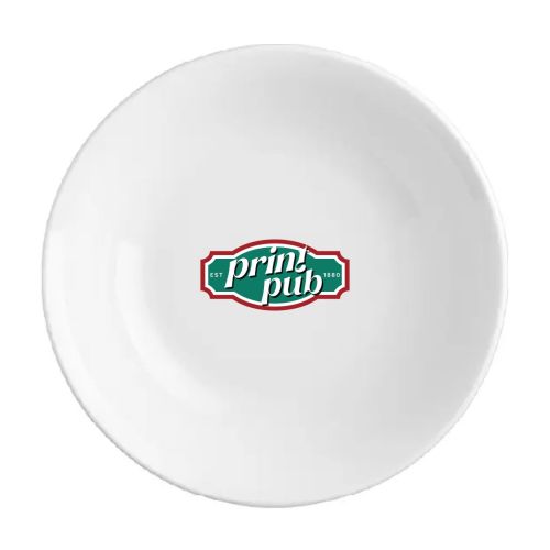 Weiße Schüssel Princip 23 cm bedruckt mit mehrfarbigem PrintPub-Logo auf der Vorderseite. Weiße Schüssel Princip 23 cm bedruckt mit mehrfarbigem PrintPub-Logo auf der Vorderseite.