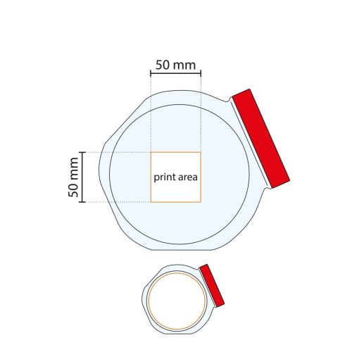 Technische Arbeitszeichnung eines Bonbonglases aus Glas mit rotem Deckel und markierter Druckfläche für die Personalisierung. Technische Arbeitszeichnung eines Bonbonglases aus Glas mit rotem Deckel und markierter Druckfläche für die Personalisierung.