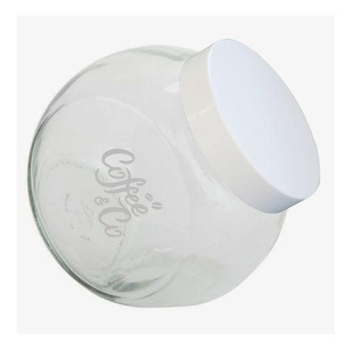 Glas Bonbonglas mit weißem Deckel und eingraviertem CoffeeCo-Logo auf der Vorderseite, haltbar und gut sichtbar.