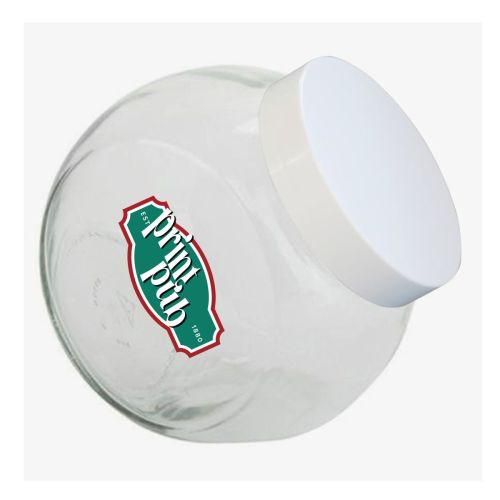 Vorderansicht eines gläsernen Bonbonglases mit weißem Deckel und PrintPub-Logo auf dem Glas in mehreren Farben.