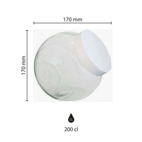 Infografische Übersicht über das Glas Bonbonglas Sweets 2 Liter mit weißem Deckel und den entsprechenden Abmessungen.