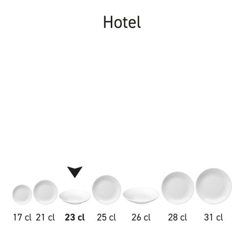 Weißer Suppenteller Hotel weiß 23 cm Porzellan in Serie, mehrere Exemplare nebeneinander abgebildet