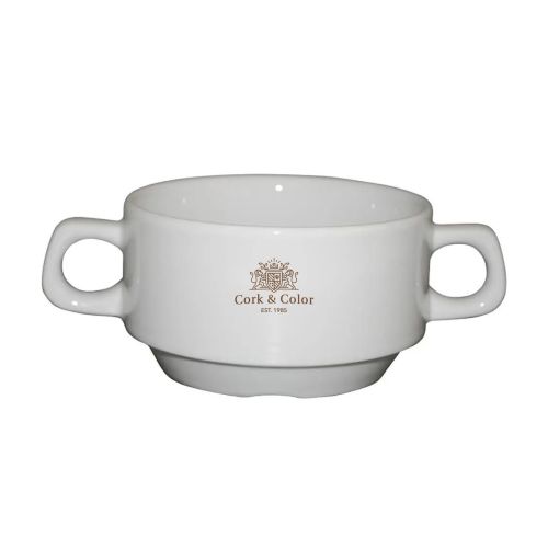 Suppentasse 2 Henkeln weiß 30 cl. aus weißem Porzellan mit einfarbigem CorkColor-Logo auf der Frontplatte