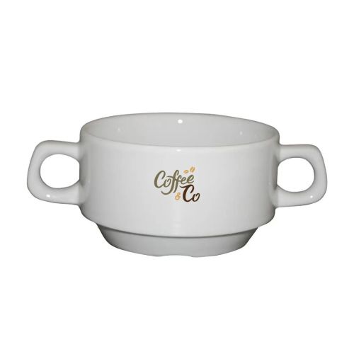 Suppentasse 2 Henkeln weiß 30 cl. aus weißem Porzellan mit mehrfarbigem CoffeeCo-Logo auf der Frontplatte