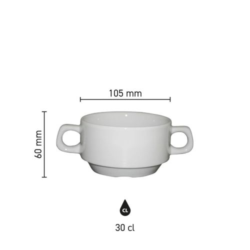 Suppentasse 2 Henkeln weiß 30 cl. aus weißem Porzellan mit Höhe, Durchmesser und Fassungsvermögen in Infografik