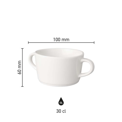 Die Infografik zeigt die Produktabmessungen der Suppentasse Budgetline Neo 30 cl Porzellan mit Durchmesser und Höhe.