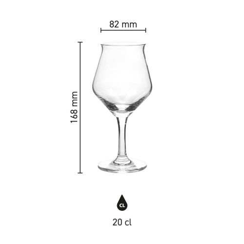 Größenbestimmung des Sommelier Kelch 20 cl Zapfhahnglases mit Höhe, Durchmesser und Fassungsvermögen in Infografik