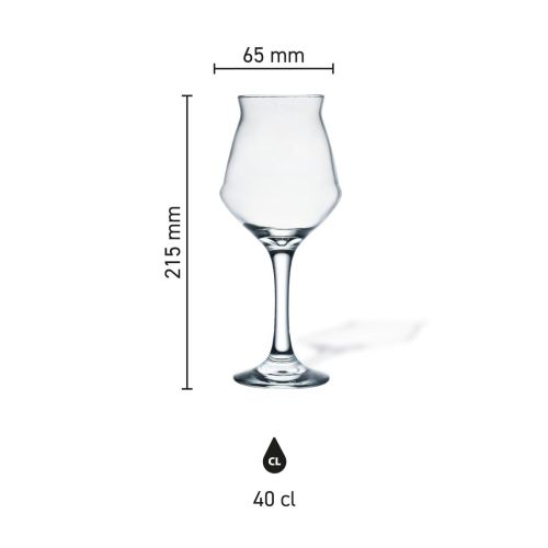 Maße des Sommelier-Kelches (40 cl) mit Höhe, Durchmesser und Fassungsvermögen in einer Infografik