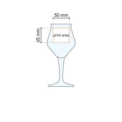 Technische Konstruktionszeichnung des Sommelier-Kelches „Craft“ (42 cl) mit Angabe des Druckbereichs