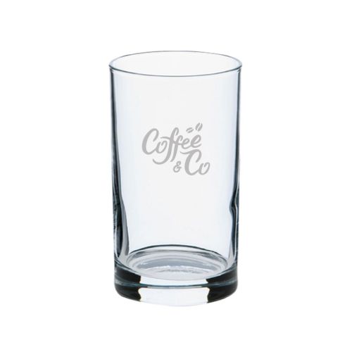 21-cl-Spritzglas mit eingraviertem CoffeeCo-Logo auf der Vorderseite. 21-cl-Spritzglas mit eingraviertem CoffeeCo-Logo auf der Vorderseite.