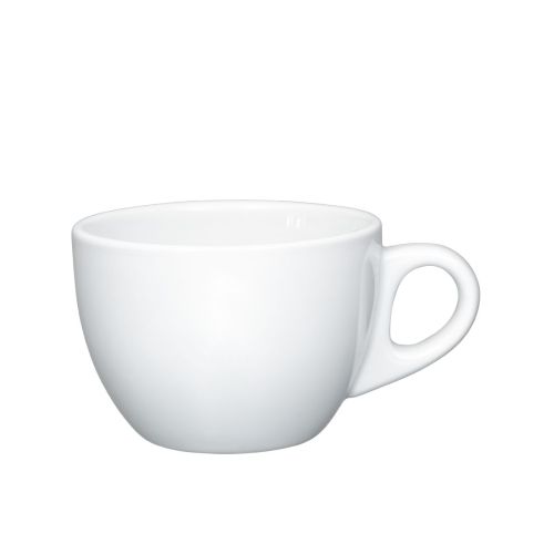 Vorderseite der Style Cappuccinotasse 19 cl. aus weißem Porzellan, in der Vorderansicht.