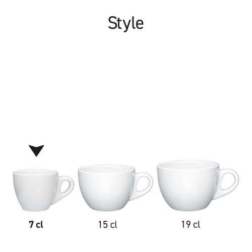 Übersicht der Serie Style Espressotassen aus weißem Porzellan, nebeneinander präsentiert.