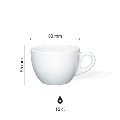 Infografik mit den Produktabmessungen von Style Coffee cup 15 cl. aus Porzellan.