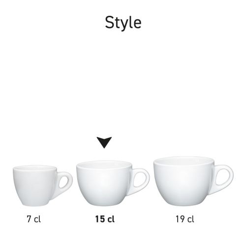 Serienanordnung von mehreren Style Kaffeetassen 15 cl. Porzellan in weiß.
