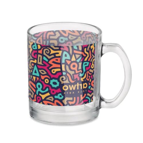 Vollfarbiger Aufdruck des artwofolkarts-Logos auf der Vorderseite des 30-cl-Glasbechers Sublimok Kitty.