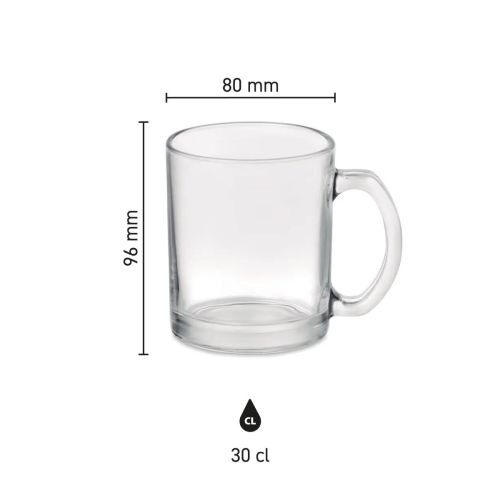 Die Infografik zeigt die genauen Abmessungen des Sublimok Kitty Glasbechers 30 cl, einschließlich Höhe und Durchmesser.