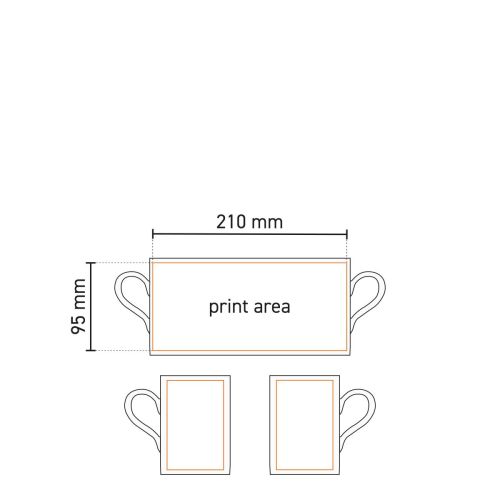 Arbeitszeichnung der Druckfläche des Porzellanbechers Tango, 29 cl, mit Angabe der Druckfläche. Arbeitszeichnung der Druckfläche des Porzellanbechers Tango, 29 cl, mit Angabe der Druckfläche.