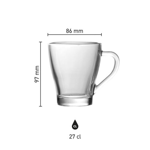 Maße des Teeglas Dom 27 cl. Höhe, Durchmesser und Fassungsvermögen in einer Infografik