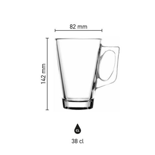 Maße des Vela 38 cl Teeglases mit Höhe, Durchmesser und Fassungsvermögen in der Infografik