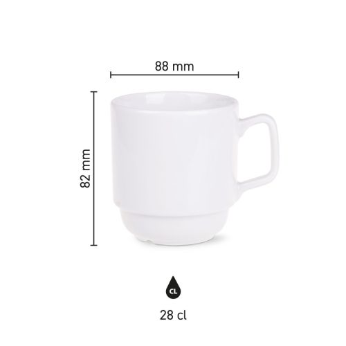 Die Abbildung zeigt eine Übersicht der Höhe und des Durchmessers des Torino Bechers 28 cl. Porzellan.